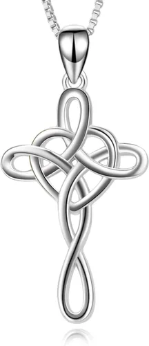 Miniatura 39 de YFN Collar de cruz de plata de ley 925 con nudo celta cruz infinito corazón amor colgante collar de 18 pulgadas