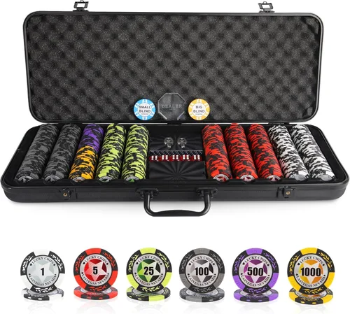 Miniatura 8 de ORIENGEAR Juego de fichas de póquer con denominaciones, 300 unidades de 14 gramos de fichas de casino de arcilla compuesta con estuche ABS y 2 mazos