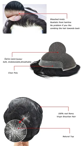 Miniatura 7 de Toupee para hombre, encaje suizo frontal, nudos blanqueados, línea capilar natural, sistemas de reemplazo de cabello humano tipo tupé, piezas hechas