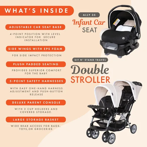 Miniatura 4 de Baby Trend Cochecito Doble para Bebés y Niños Pequeños y Combo de Asiento de Automóvil, Juego de 2 Piezas, Caqui - Dúo de Cochecito Portátil