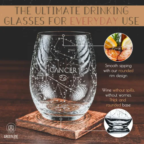 Miniatura 2 de Greenline Goods Juego de copas de vino sin tallo de cáncer del zodiaco grabado a mano, 15 onzas (juego de 2) - Cristalería con signo de astrología