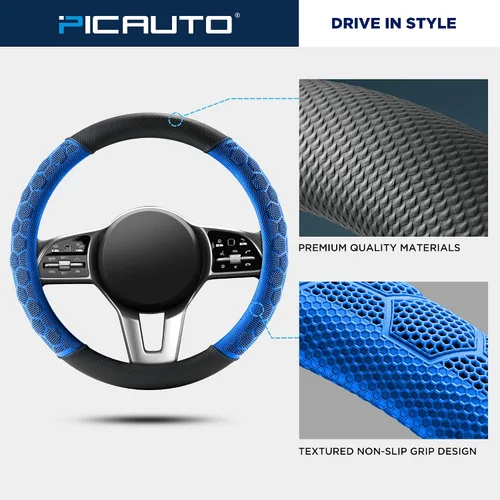 Miniatura 4 de PIC AUTO Funda de cuero para volante de automóvil con masaje, material de patrón de fútbol azul, funda protectora universal para volante