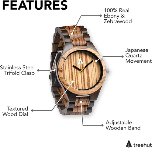Miniatura 4 de Reloj Treehut de madera de cebrano y ébano, movimiento analógico de cuarzo