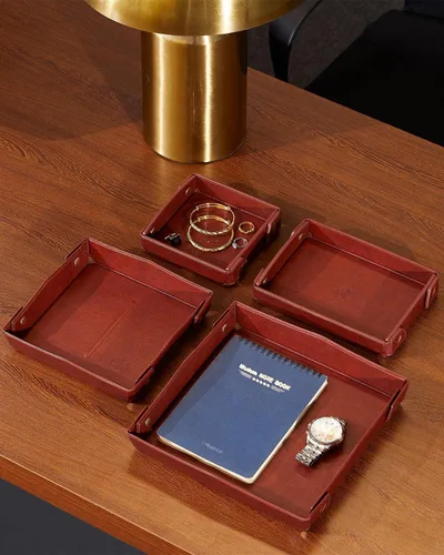 Miniatura 6 de OARIE Bandeja de joyería de tamaño pequeño, bandeja de valet vintage, bandeja de cuero sintético para hombres, cartera para llaves, monedero