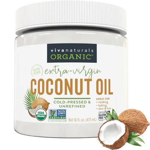 Viva Naturals Aceite de coco orgánico, 16 fl oz – Aceite de coco extra virgen prensado en frío sin refinar, USDA orgánico y sin OGM, aceite natural