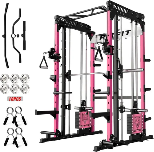 Miniatura 15 de RitFit Paquete de máquina M1 Pro Smith, jaula de potencia todo en uno con juego de pilas de pesas, incluye sistema LAT Pulldown y cable cruzado