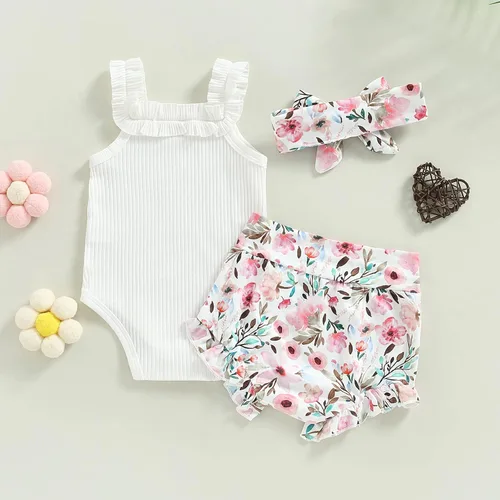 Miniatura 53 de TheFound Trajes de verano para niñas pequeñas, sin mangas, de punto acanalado, halter, pantalones cortos, ropa para recién nacidos, conjunto de 3