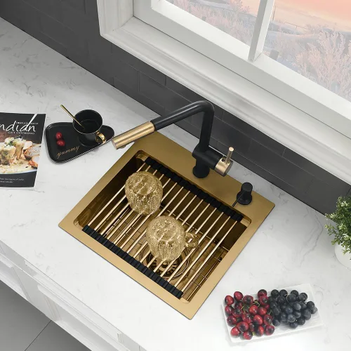 Miniatura 3 de In-VASOYO - Fregadero de barra dorada de 15 pulgadas para fregadero de cocina pequeño de 15 x 15 pulgadas, fregaderos de barra húmeda, fregadero