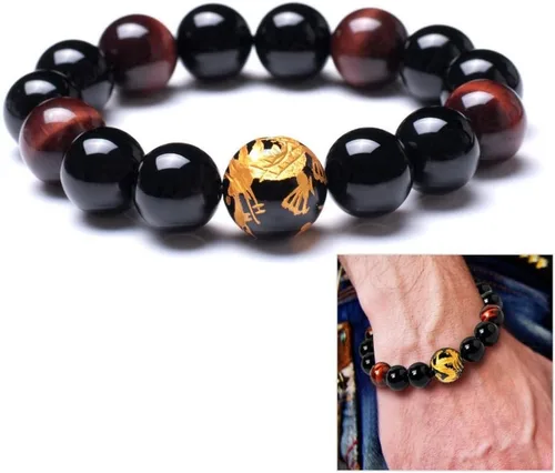 Miniatura 6 de Men's Tiger Eye Stone Elastic Bead Bracelet with Dragon Pattern Bead Dragon & Beaded Bracelet