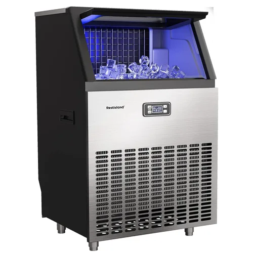 Máquina comercial para hacer hielo, 270 libras/24 horas, contenedor de almacenamiento de 48 libras, acero inoxidable, luz azul, independiente, ideal