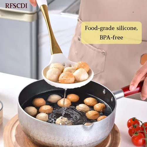 Miniatura 7 de Elegante juego de utensilios de cocina de silicona de oro blanco, no tóxicos, aptos para lavavajillas, con asas cómodas resistentes al calor