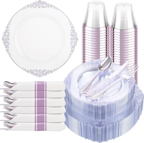 Miniatura 10 de Hioasis 175 platos de plástico verde transparente, elegante juego de vajilla desechable adecuado para 25 invitados, incluye platos de cena de 10.25