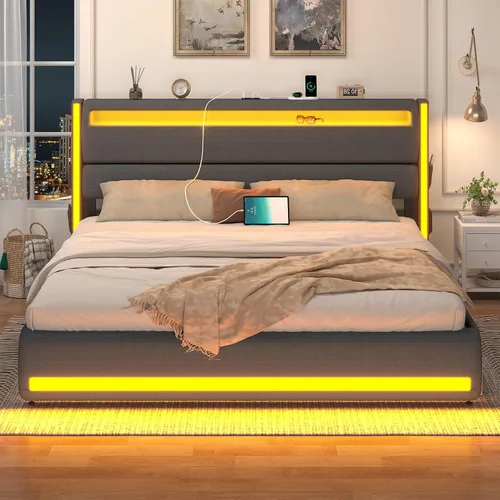 Miniatura 9 de CSZZD Base de cama tamaño King con cabecero ajustable, plataforma de cama tamaño King con iluminación, base de cama tapizada de metal tamaño King