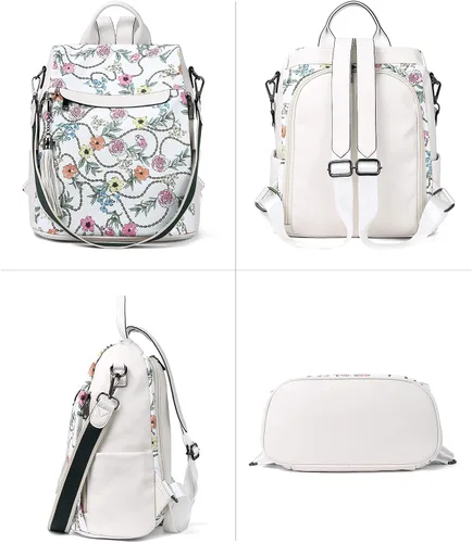 Miniatura 2 de Bromen - Mochila tipo bolso de mano de piel antirrobo para mujer a la moda, Beige floral, L