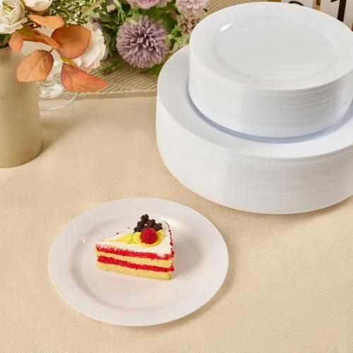 Miniatura 7 de FOCUSLINE 100 platos blancos de plástico desechables para postre de 7 pulgadas, platos de plástico resistentes desechables para bodas, fiestas