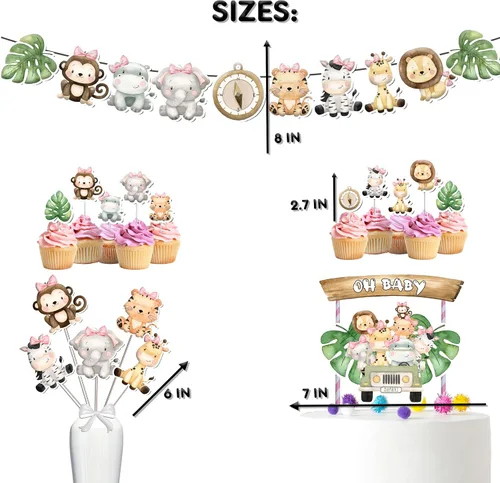 Miniatura 3 de Juego de decoración de baby shower de animales de la selva para niña, paquete de animales de safari, suministros de fiesta temática para baby shower.