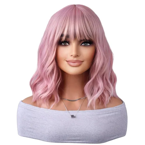 Miniatura 13 de ANESHE Peluca castaña de 14 pulgadas, peluca corta rizada con flequillo para mujeres y niñas, encantadora peluca sintética para uso diario, fiesta