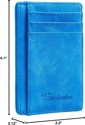 Miniatura 5 de Travelambo billetera mediana y minimalista de cuero para bolsillo frontal, con bloqueo de interferencia de radiofrecuencia, Azul-cielo, Minimalista