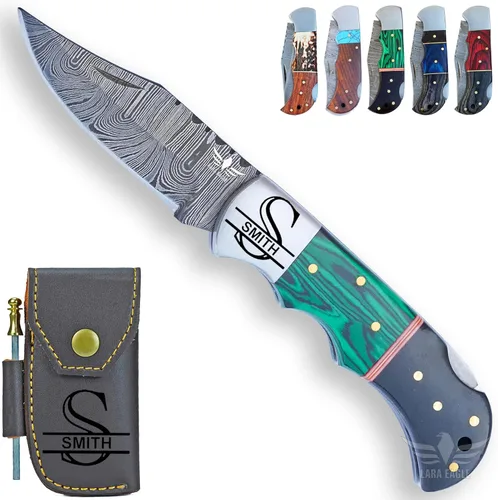Miniatura 13 de Cuchillo de bolsillo de damasco personalizado para hombres - Cuchillo plegable de caza de acero sólido de 133 capas hecho a mano con afilador y azul
