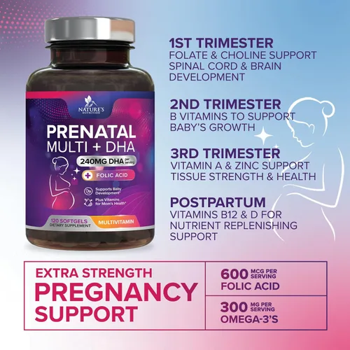 Miniatura 5 de Vitaminas prenatales con ácido fólico y DHA, apoyo al desarrollo cerebral fetal con folato y omega 3, multivitamínico prenatal para mujeres