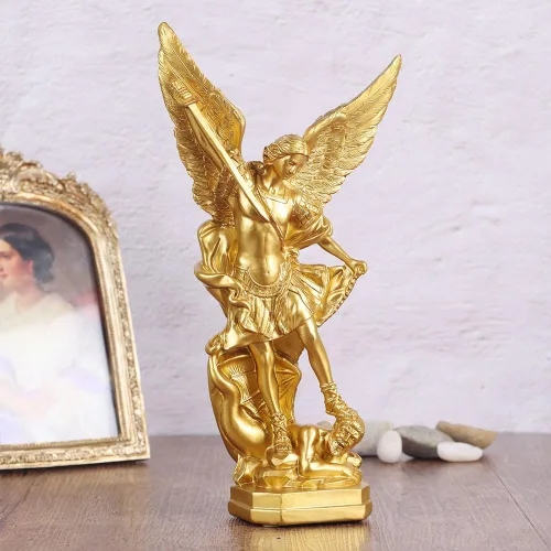 Miniatura 5 de Estatua de San Miguel Arcángel de 31.8 cm en oro, estatua de San Miguel en resina, colección de figuritas del Arcángel Miguel vitoriosamente sobre