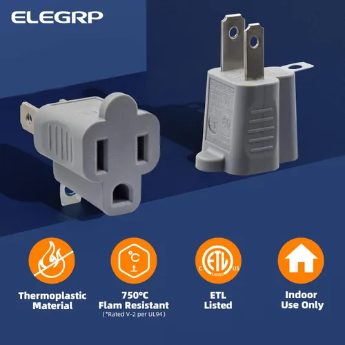 Miniatura 2 de ELEGRP Adaptador de 2 a 3 puntas, paquete de 3, gris - Adaptador de enchufe de conexión a tierra polarizado, certificación ETL