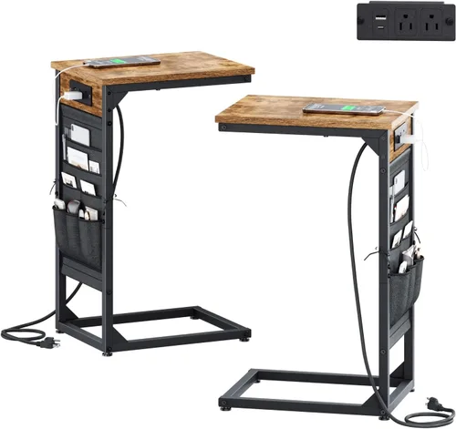Miniatura 8 de Mesa auxiliar en forma de C con estación de carga rápida, mesa lateral pequeña para sofá con bolsa de almacenamiento, bandeja de TV para sofá