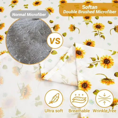Miniatura 3 de Softan Juego de sábanas tamaño matrimonial, con estampado de girasol, sábana bajera ajustable de microfibra cepillada con bolsillo profundo de 15