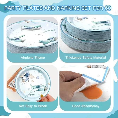 Miniatura 3 de 180 piezas de suministros de fiesta de ducha de avión, platos de papel y servilletas para servir 60 vajillas desechables para decoraciones de fiesta