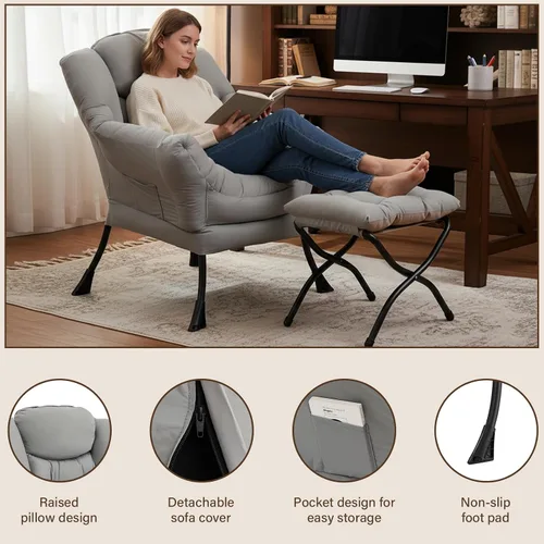 Miniatura 6 de Welnow - Silla perezosa con otomana, moderna silla de descanso con reposabrazos y bolsillo lateral, juego de sillón tapizado de ocio, sillón de Gris