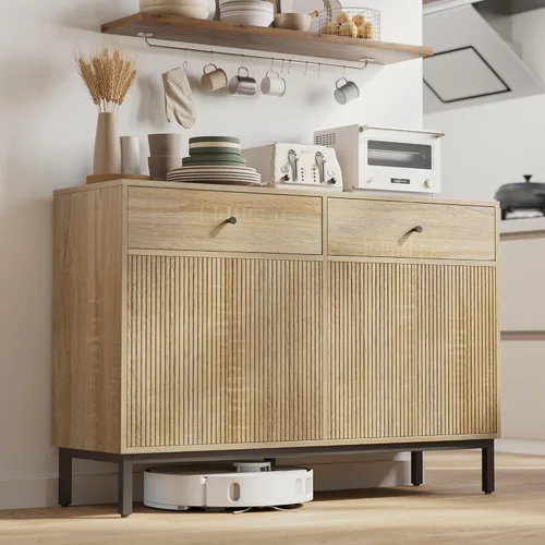 Miniatura 23 de Mericonia Aparador Buffet de Granja con Almacenamiento, Barra de Café Acanalada con Puertas y Estantes Ajustables, Gabinete de Consola de Madera A