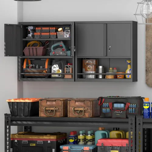 Miniatura 2 de IRONFFICE Gabinete de pared de garaje, gabinetes de pared con bloqueo de metal con estante ajustable, gabinete de almacenamiento con cerradura