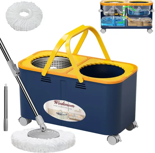 Trapeador giratorio compacto y cubo con sistema de agua limpia y sucia, mopa de piso con ruedas giratorias de 360°, mango de 61 pulgadas, 1 cabezal