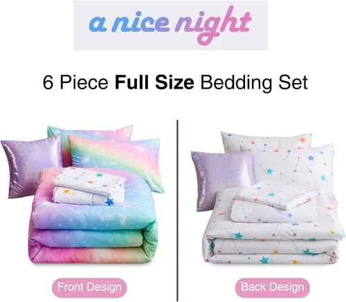 Miniatura 6 de A Nice Night Juego de 6 piezas de ropa de cama con gradiente de purpurina para niñas de tamaño completo, juego de edredón de arco iris y galaxia Rosa