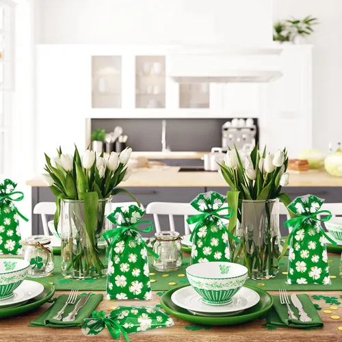 Miniatura 6 de Whaline 160 bolsas de celofán del día de San Patricio, trébol de trébol, caramelos, bolsas de celofán, bolsas de plástico con cinta verde