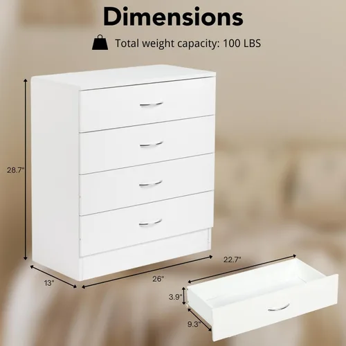 Miniatura 3 de Karl home Cómoda de 4 cajones para dormitorio, cajoneras pequeñas, mesita de noche moderna, cómoda blanca con 4 cajones de almacenamiento, Blanco