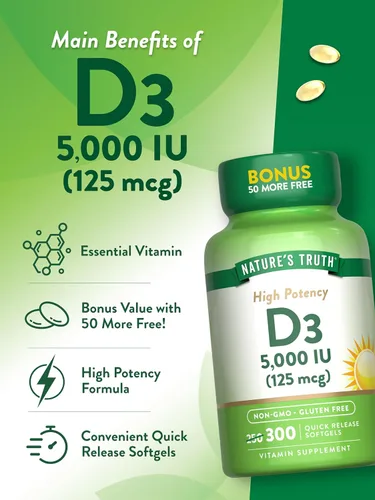 Miniatura 5 de Nature's Truth Vitamina D3 5000 UI (125 mcg) 300 cápsulas blandas Vitamina D de alta potencia Suplemento sin OMG y sin gluten