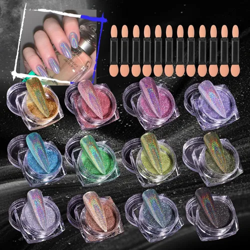Miniatura 2 de 12 Frascos de Polvo Holográfico para Uñas, Kit de Polvo Cromado para Uñas Negro Azul Conjunto de Polvo de Purpurina Ultra Fino, Pigmento Neón