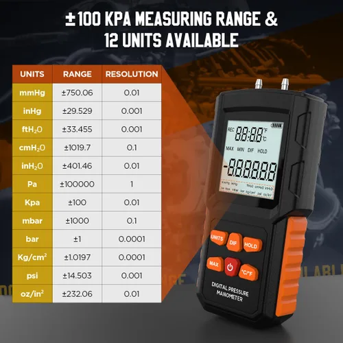 Miniatura 3 de Manómetro, ± 100 KPa Manómetro Digital HVAC 12 Unidades Probador de Presión de Gas ± 0.15% FSO Manómetro Actualizado con Más Accesorios