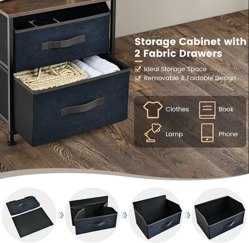 Miniatura 5 de Giantex Mesita de noche con 2 cajones, mesa auxiliar pequeña con contenedores de tela extraíbles y parte superior de madera, marco de metal