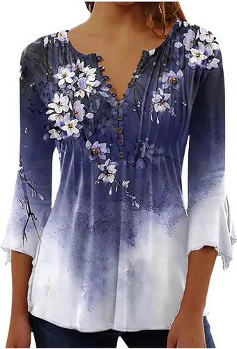 Blusa casual tipo túnica para mujer, con estampado floral, cuello en V, mangas 34, para verano, elegante, talla extra grande
