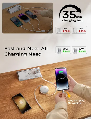 Miniatura 3 de LISEN Cable de carga retráctil 5 en 1, cable de carga múltiple de 60 W con puertos USB-C/A/L, cargadores retráctiles para múltiples dispositivos