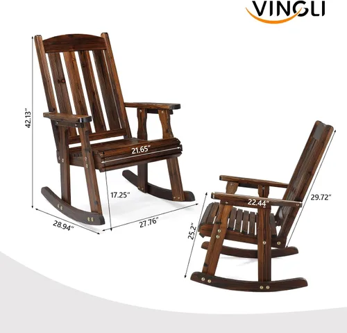 Miniatura 3 de VINGLI Juego de 2 mecedoras para exteriores, mecedora de madera resistente de 600 libras con respaldo cómodo, mecedora resistente a la intemperie
