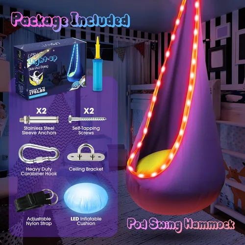 Miniatura 4 de Asiento de columpio colgante para niños con luz, columpio colgante mejorado para niños con luces LED, silla de columpio colgante sensorial