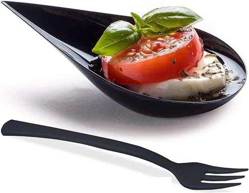 Miniatura 8 de DLux 100 platos mini de aperitivo en forma de gota de 4 pulgadas, cucharas reutilizables de plástico negro - Platos para servir postres y aperitivos
