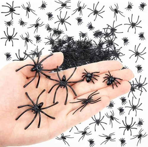 Labeol 160 arañas falsas, 3 tamaños de araña falsa de plástico realistas para Halloween, accesorios de broma, juguetes de miedo negros para