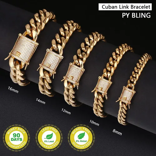 Miniatura 3 de Heavy Stainless Steel Miami Cuban Link Bracelet 8mm-16mm 14k Real Gold Plated with Lab Diamond Clasp Premium Hip Hop Jewelry For Men Women with Gift