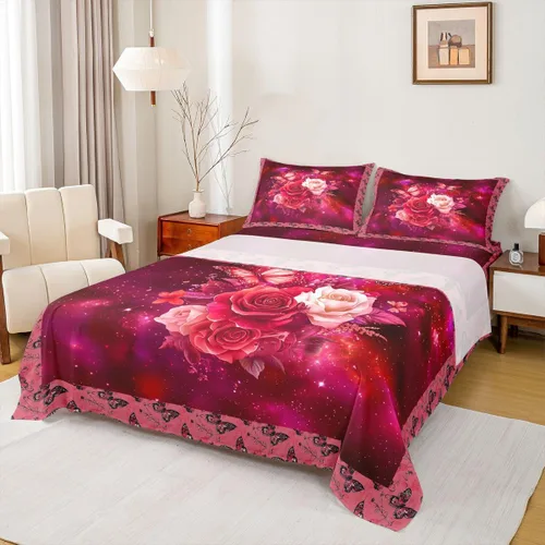 Miniatura 32 de Erosebridal Juego de sábanas de rosas rojas, tamaño individual, color rojo y negro, para niñas, mujeres, hombres, parejas, romántico, floral