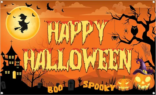 Miniatura 9 de KatchOn Pancarta espeluznante de Feliz Halloween, extragrande, 72 x 44 pulgadas, telón de fondo naranja de fotos de Halloween para decoraciones