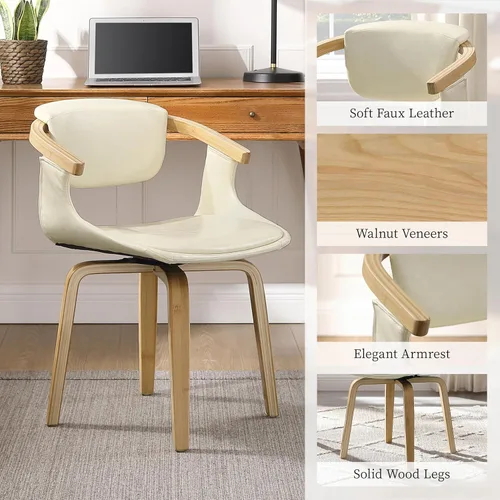 Miniatura 4 de Art Leon Silla de escritorio sin ruedas, silla giratoria moderna de mediados de siglo, silla de escritorio de piel sintética para espacios pequeños